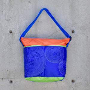 large zippered bag with outer pockets: purple/lime/orange (23-26)