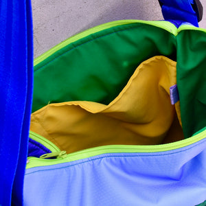 large zippered bag with outer pockets: REB/green/periwinkle (23-27)