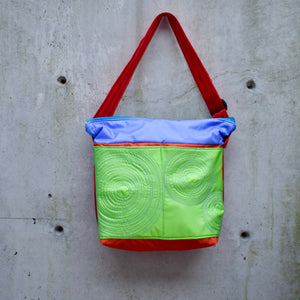 large zippered bag with outer pockets: lime/orange/mauve (23-6)
