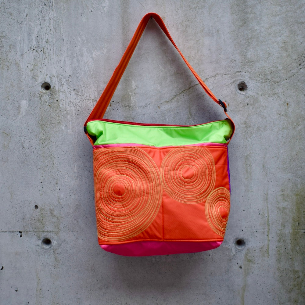 large zippered bag with outer pockets: orange/pink/lime (23-2)