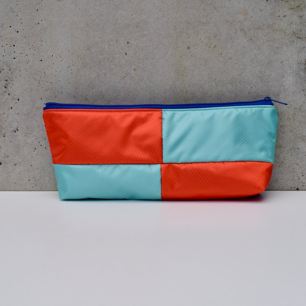 OBLONG zippered pouch: REB/orange/green/purple (13) EACH SIDE IS DIFFERENT!