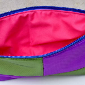 OBLONG zippered pouch: REB/orange/green/purple (13) EACH SIDE IS DIFFERENT!