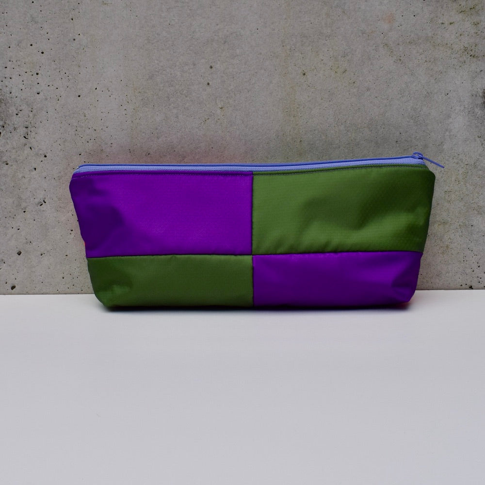 OBLONG zippered pouch: purple/army green/lime/orange (14) EACH SIDE IS DIFFERENT!