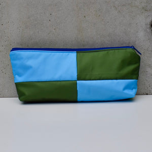 OBLONG zippered pouch: army green/lt blue/teal/lime (15) EACH SIDE IS DIFFERENT!